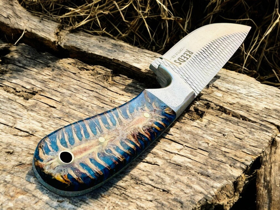 Rasp Steel Hunting Knife – 4" Blade, Blue Epoxy Pine-Cone Resin + Steel Bolster product photo