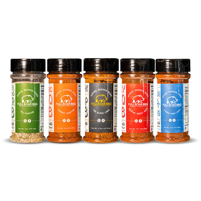 Five rub bottles: all-purpose, Classic Campfire, Black Label, Bonfire Sweet Heat and Cajun.