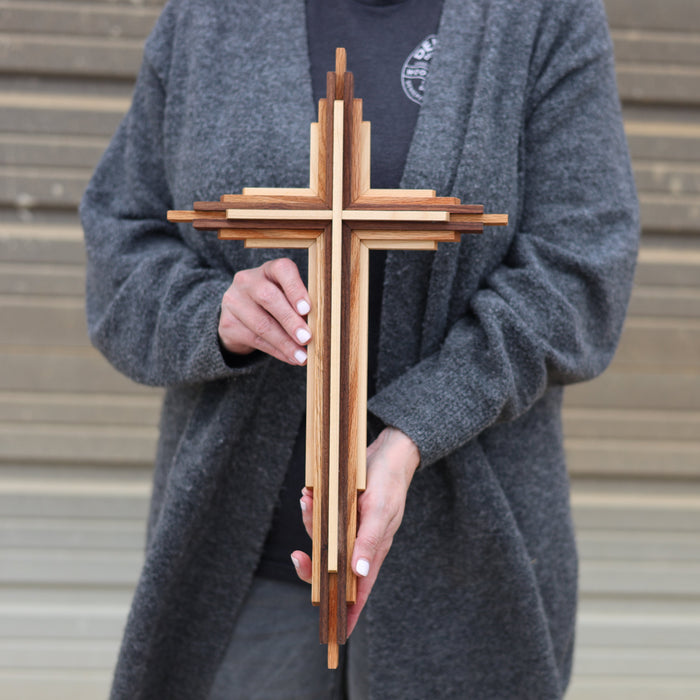 Original layered wood cross with contrasting oak, walnut, and maple colors.