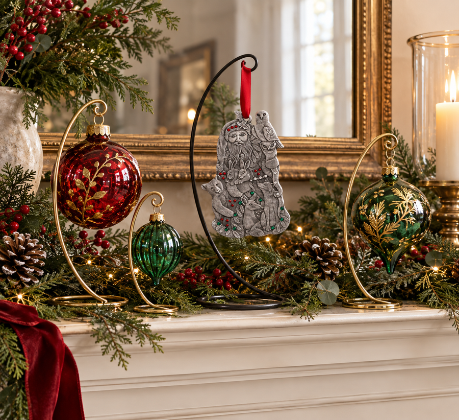 Styled display featuring Woodland Santa Ornament