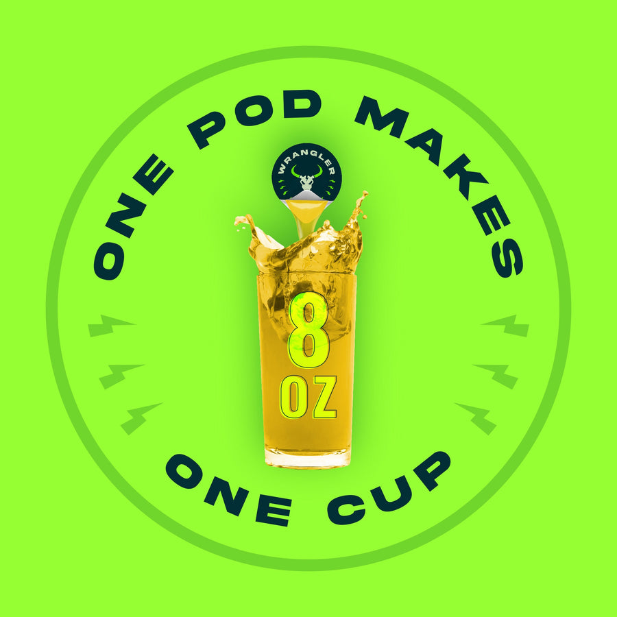 Graphic showing one Wrangler pod makes an 8 oz drink