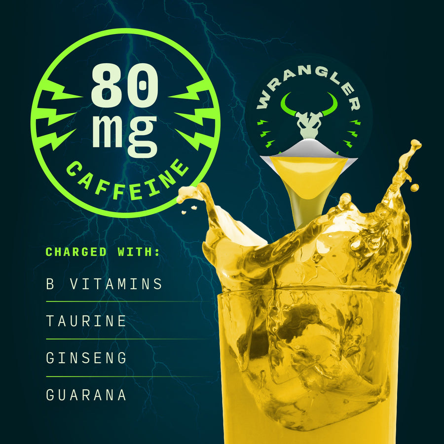 Wrangler graphic stating 80 mg caffeine and featured ingredients
