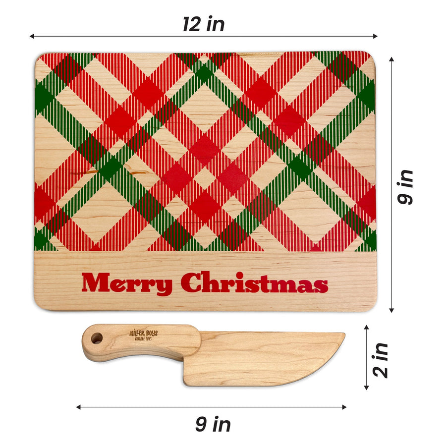 Christmas Plaid Kids Maple Cutting Board & Wooden Knife Set with dimension annotations