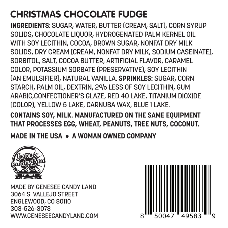 Christmas Chocolate Fudge with Sprinkles ingredient and allergen label
