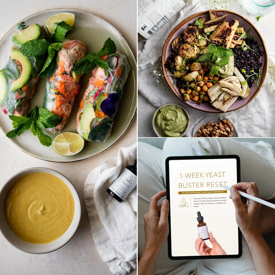 Yeast Buster Reset digital guide beside meal bowls
