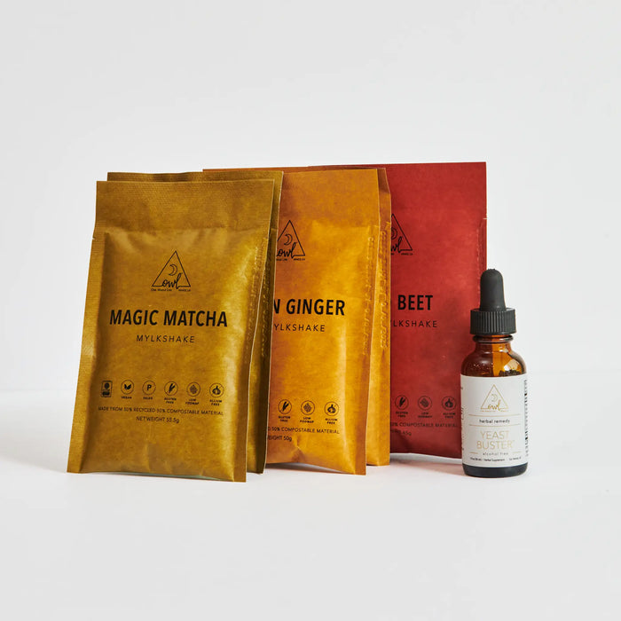 Three Mylkshake flavors beside Yeast Buster tincture