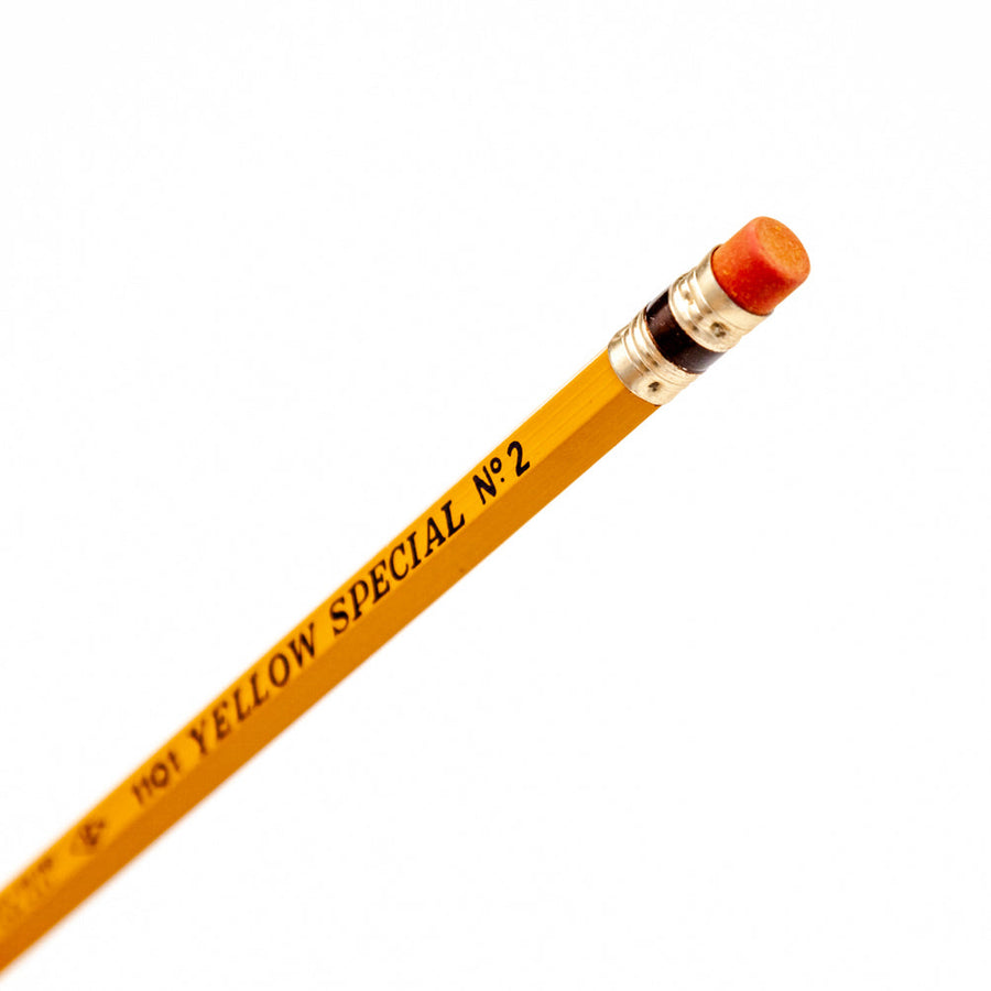 Close-up of the Yellow Special No. 2 imprint, ferrule, and eraser