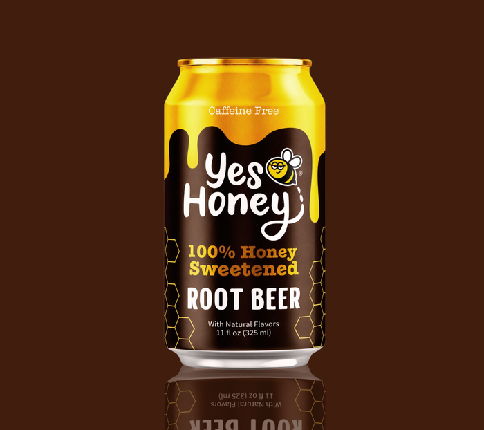 Yes Honey honey-sweetened Root Beer in an 11 fl oz can against a brown background