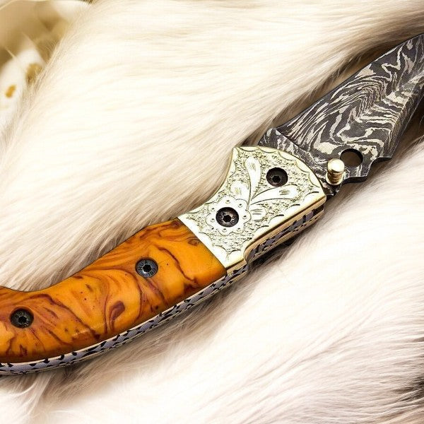 Custom Handmade Damascus Pocket Knife with Epoxy Resin Handle