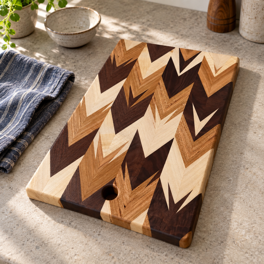 Chevron-pattern wood cutting board with contrasting natural wood tones in a styled kitchen scene.