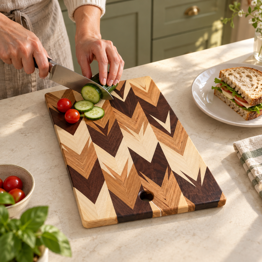 Chevron cutting board used to slice cucumber beside tomatoes and a sandwich; styled example.