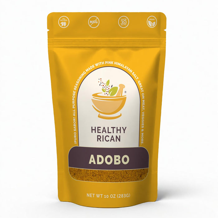 Front of a 10 oz resealable adobo seasoning pouch