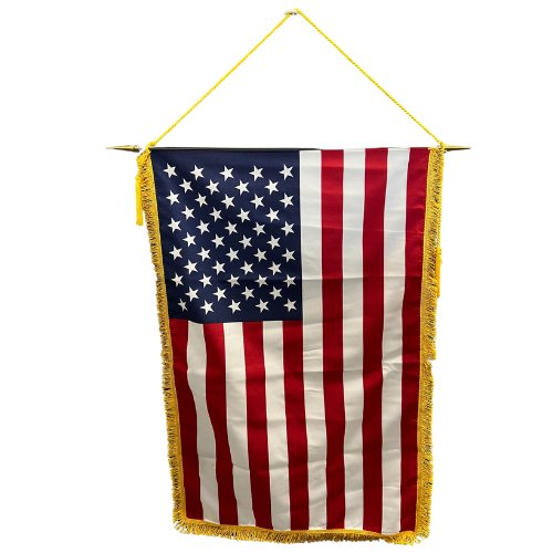 American classroom banner with gold-colored trim and hanging cord