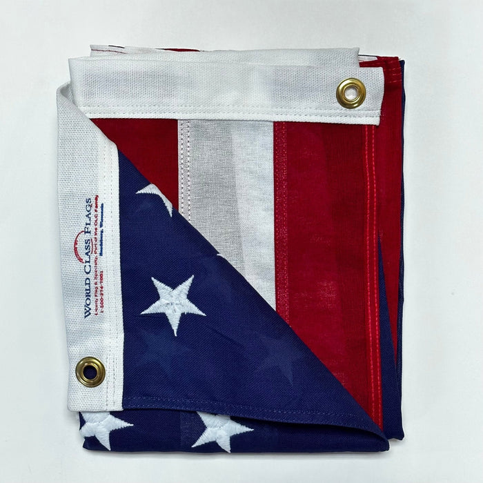 American cotton U.S. flag with embroidered stars and sewn red and white stripes, made in USA