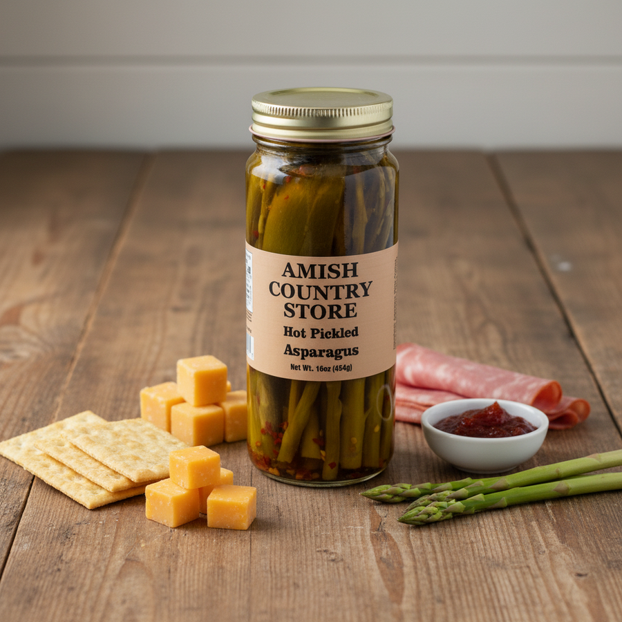 Hot Pickled Asparagus package with serving suggestions in a styled food scene