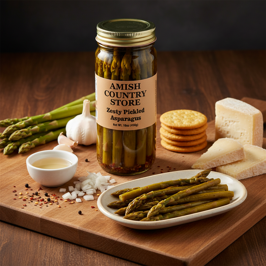 Zesty Pickled Asparagus package with serving suggestions in a styled food scene