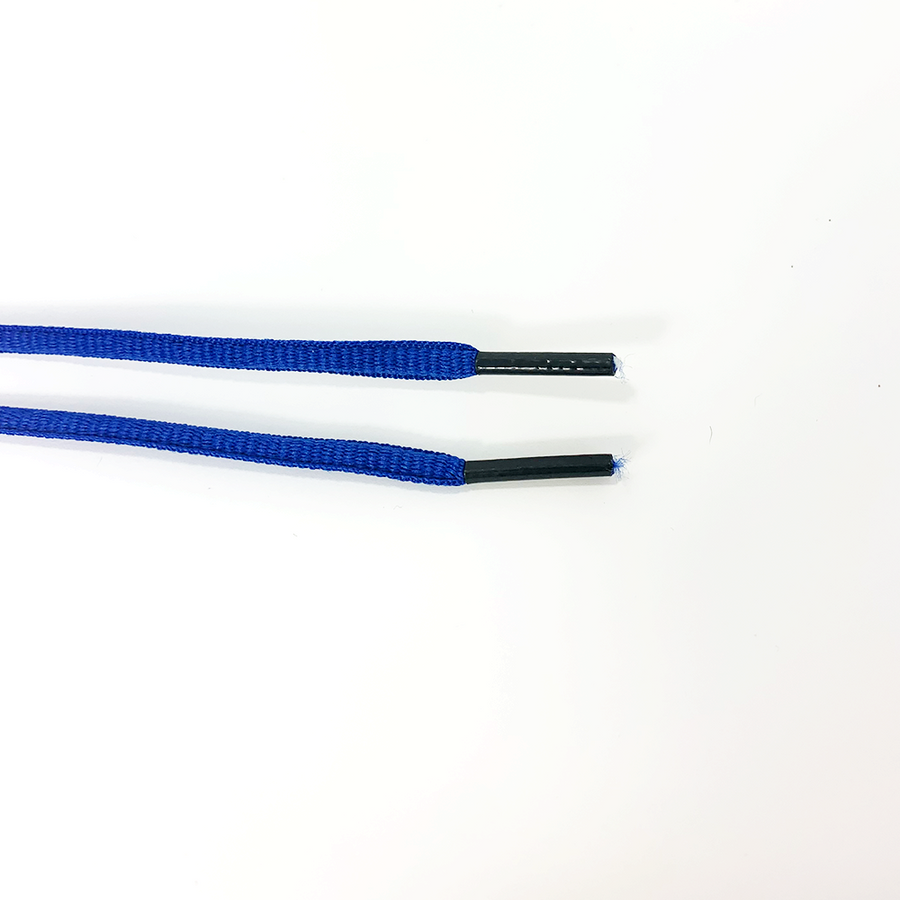 Blue oval athletic shoelaces close-up of oval lace ends and wrapped aglets