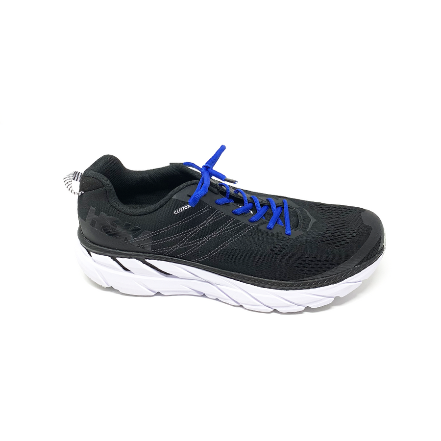 Blue oval athletic shoelaces laced into a black running shoe