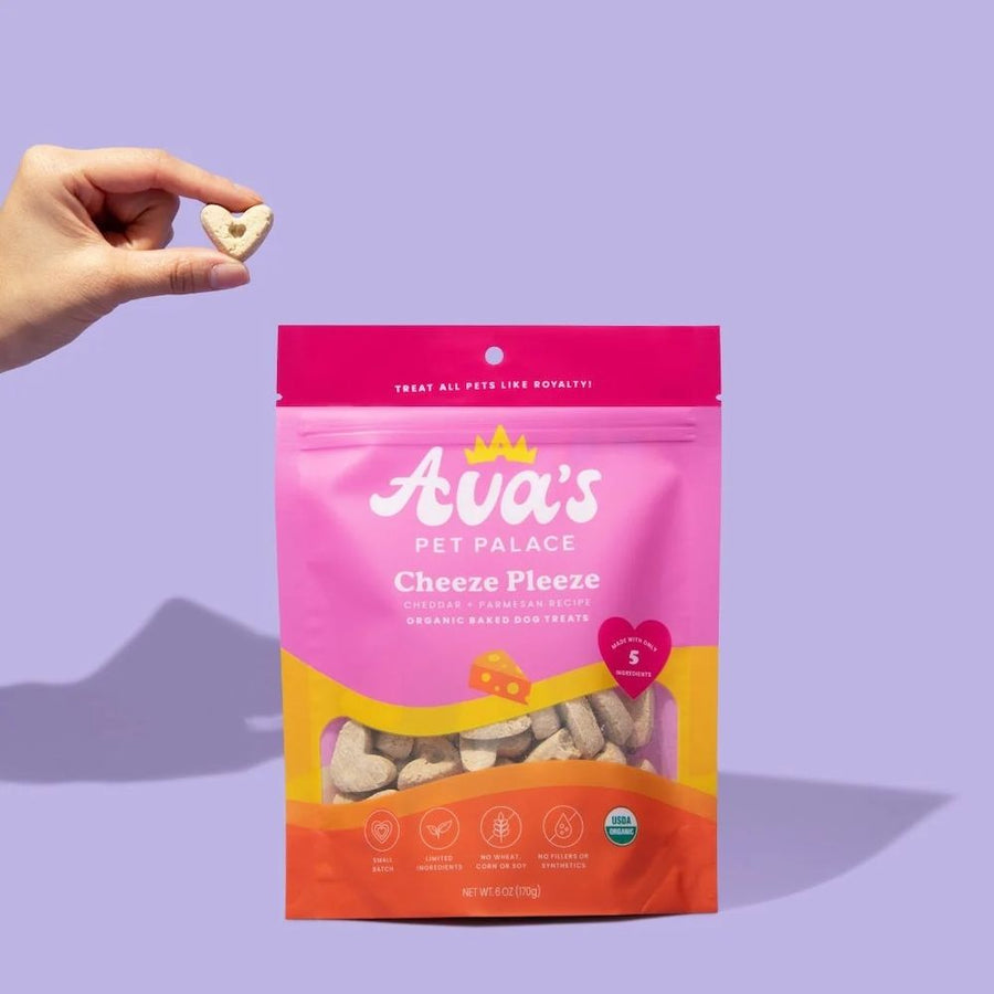 Hand holding a Cheeze Pleeze biscuit above the bag