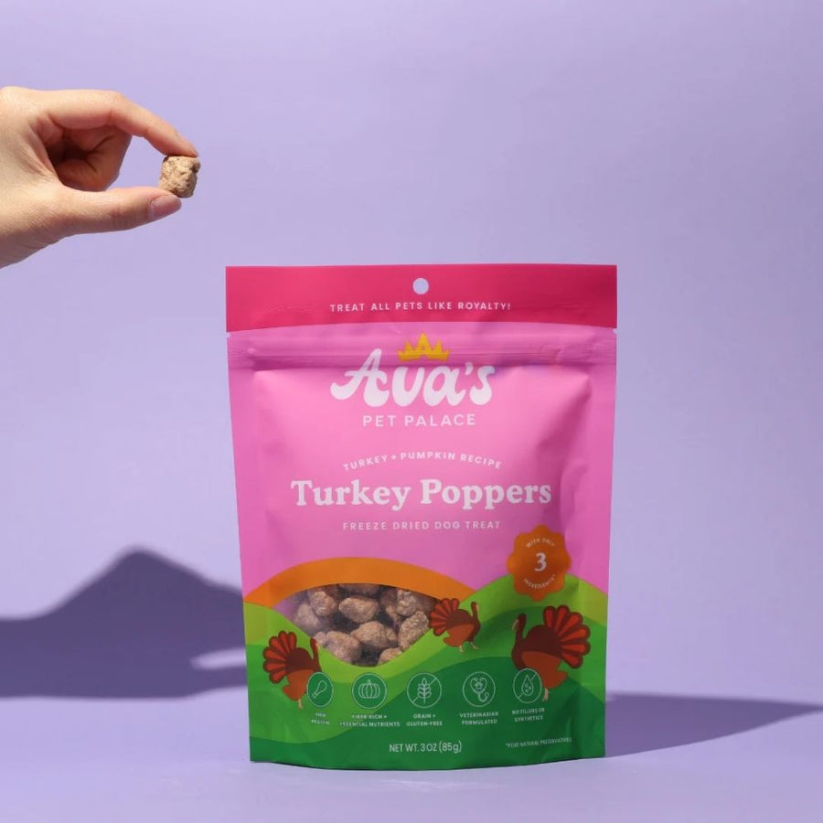 Hand holding a Turkey Popper above the treat bag