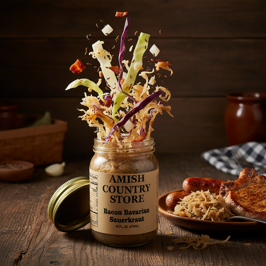 Bacon Bavarian Sauerkraut package with serving suggestions in a styled food scene