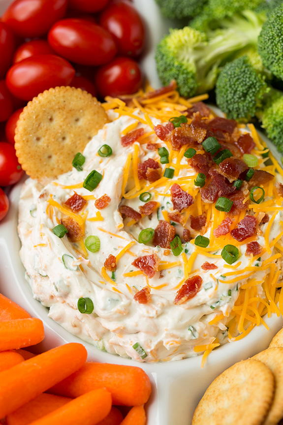 Bacon Ranch dip with crackers and fresh vegetables