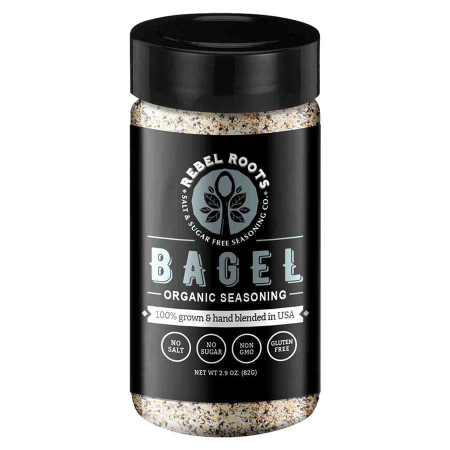 Rebel Roots Salt-Free Seasoning Blends: Everything Bagel seasoning jar.