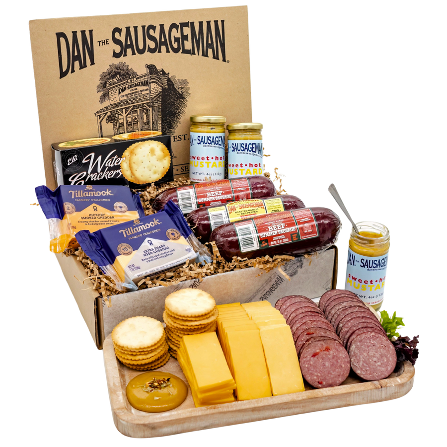 Bare Necessities gift box with three summer sausages, cheese, crackers and mustard; serving display