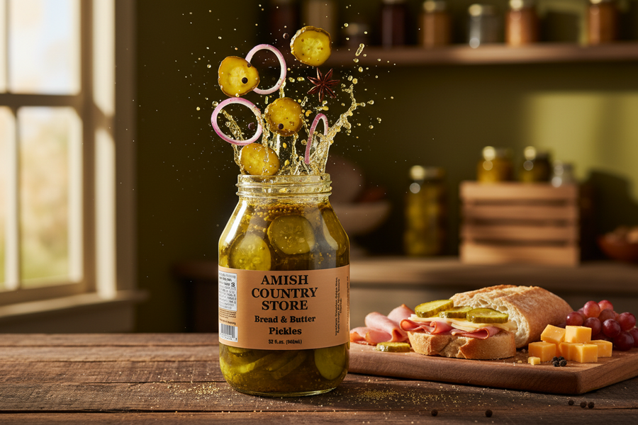 Bread & Butter Pickles package with serving suggestions in a styled food scene