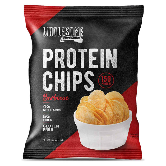 Barbecue Protein Chips: Barbecue chip bag.