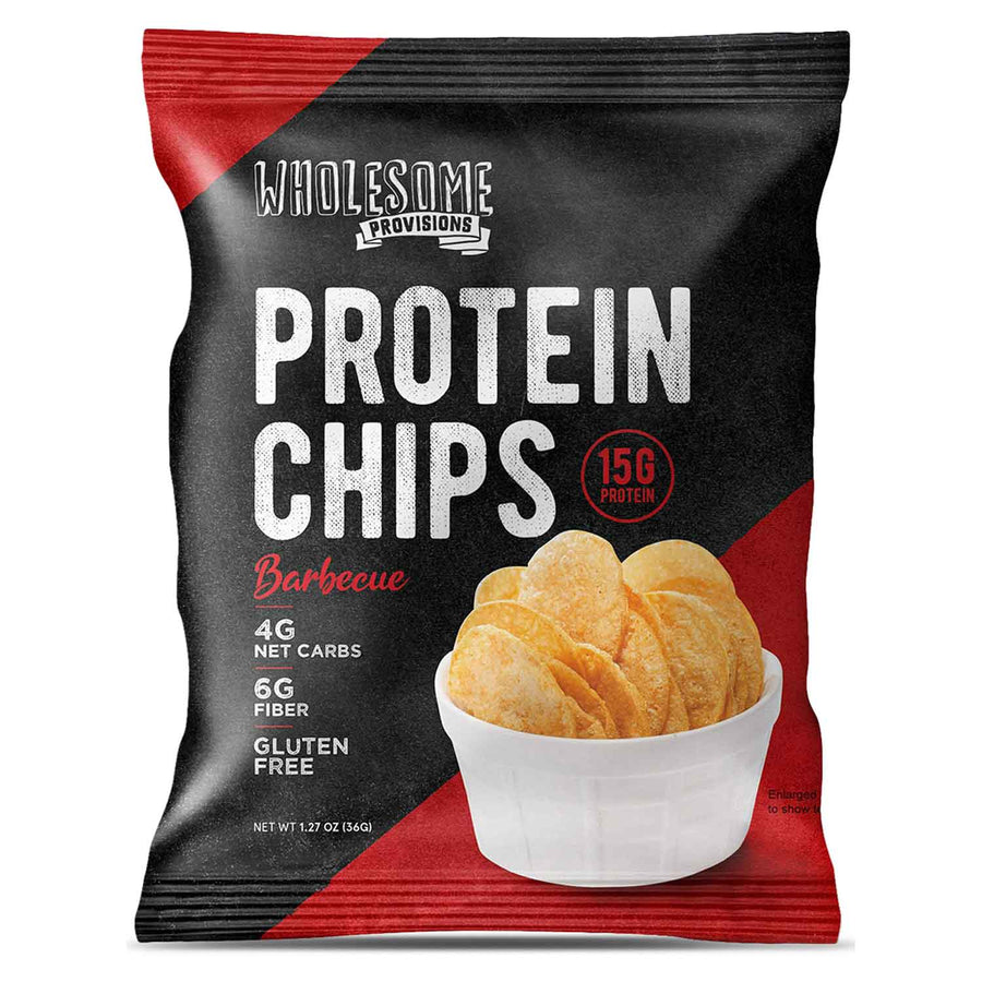 Barbecue Protein Chips: Barbecue chip bag.