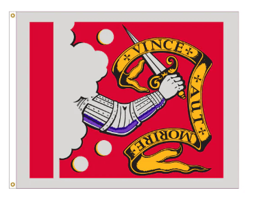 Bedford Flag close-up with armored arm sword and Vince Aut Morire motto
