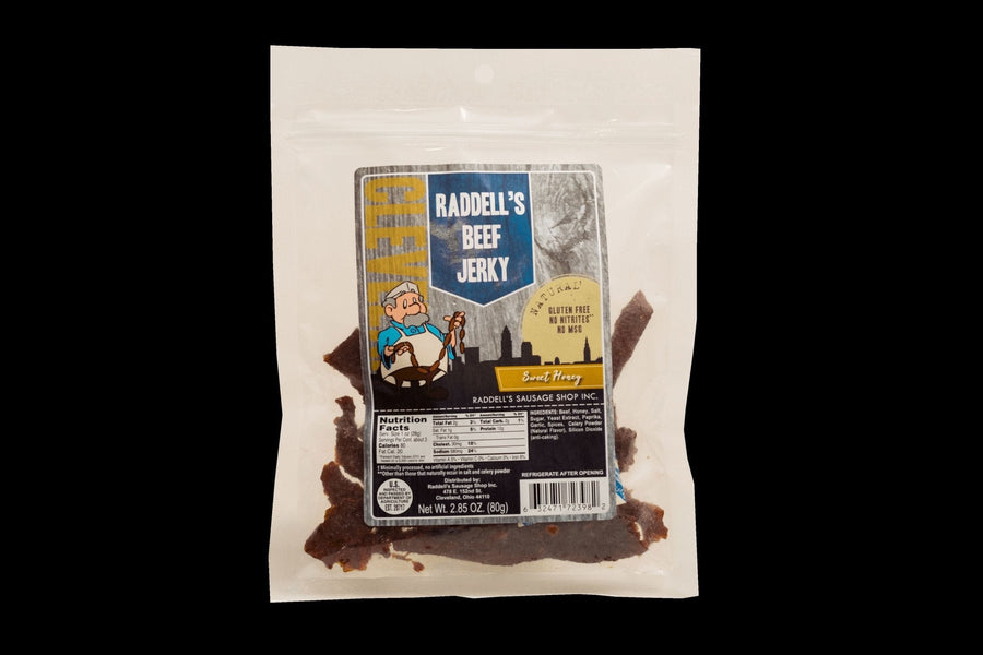 Sweet Honey beef jerky, 2.85 oz bag showing nutrition facts and ingredients