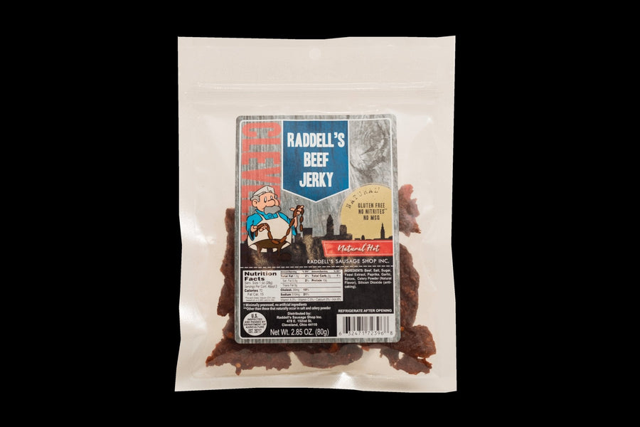 Hot beef jerky, 2.85 oz bag showing nutrition facts and ingredients