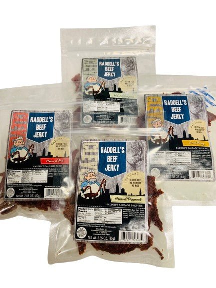 Four 2.85 oz bags of Original, Peppered, Hot and Sweet Honey beef jerky