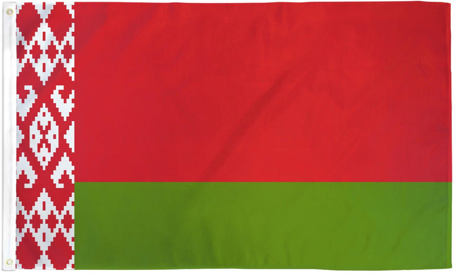 Belarus flag made in USA with red green fields and white red ornament