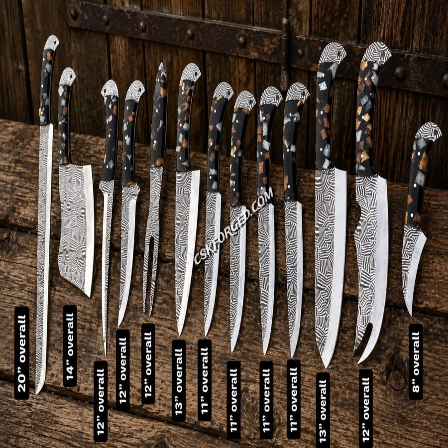 Best Outdoor BBQ Kitchen Knife Set | 13PCS Etched D2 Steel Chef Knives with Epoxy Resin Handles