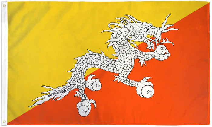 Bhutan flag made in USA with yellow orange fields and white Thunder Dragon