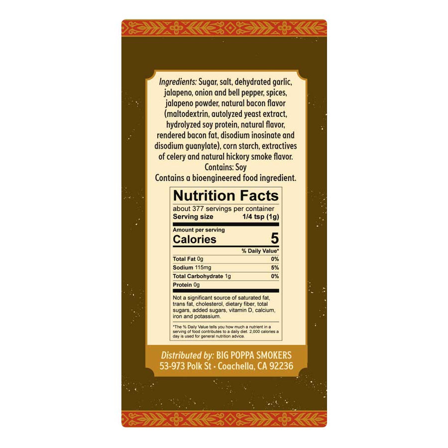 Jallelujah Jalapeño Bacon BBQ Seasoning: Ingredient and Nutrition Facts label declaring soy
