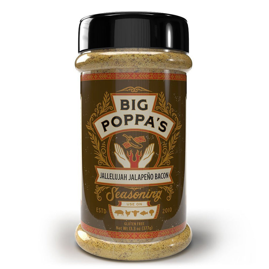 Jallelujah Jalapeño Bacon BBQ Seasoning: 13.3 oz shaker with dark green label and black lid
