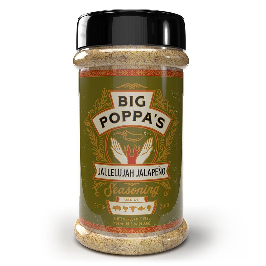 Jallelujah Jalapeño All-Purpose Seasoning: 14 oz shaker with green label and black lid