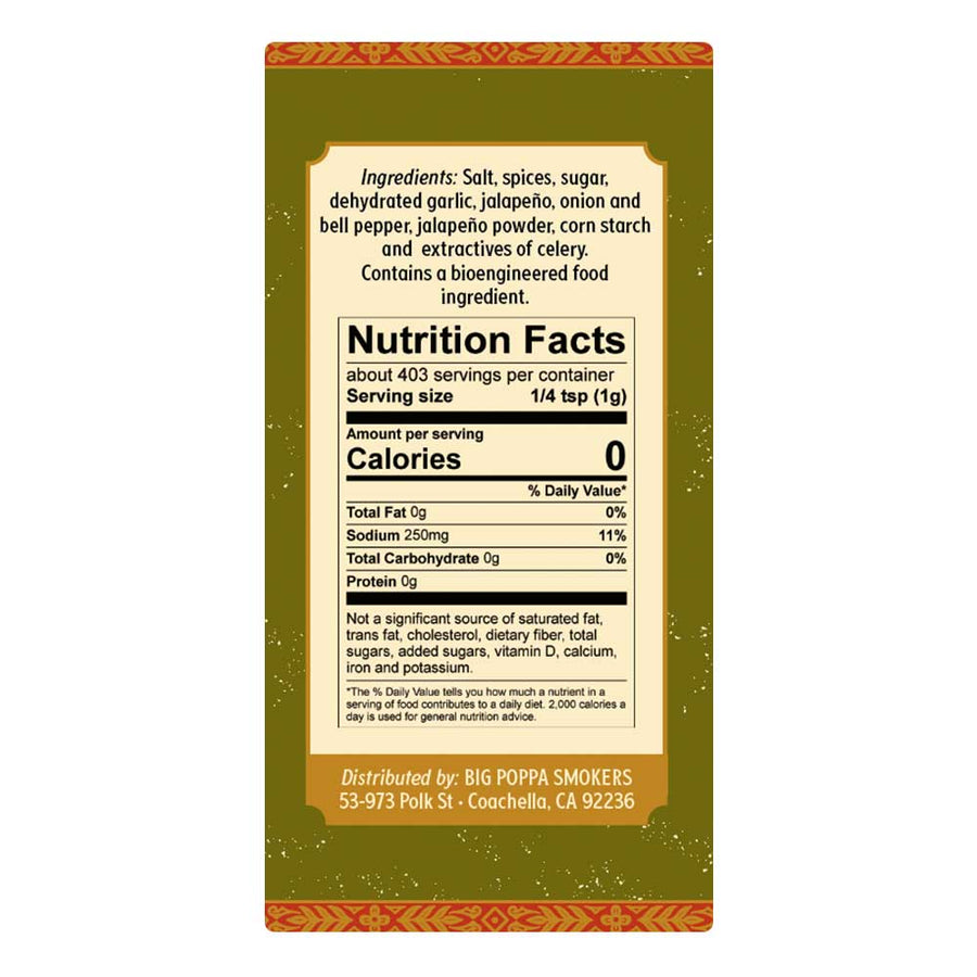 Jallelujah Jalapeño All-Purpose Seasoning: Ingredient list and Nutrition Facts panel