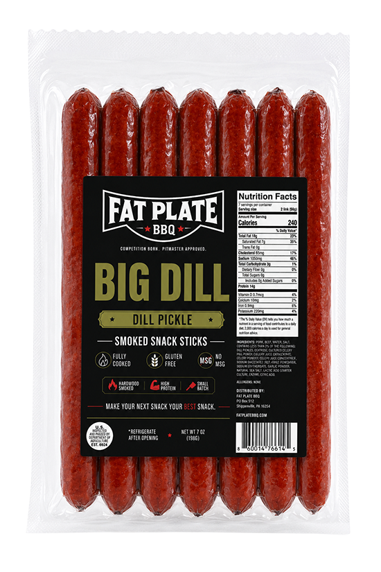 Big Dill dill pickle smoked snack sticks in a clear 7 oz package with a black label