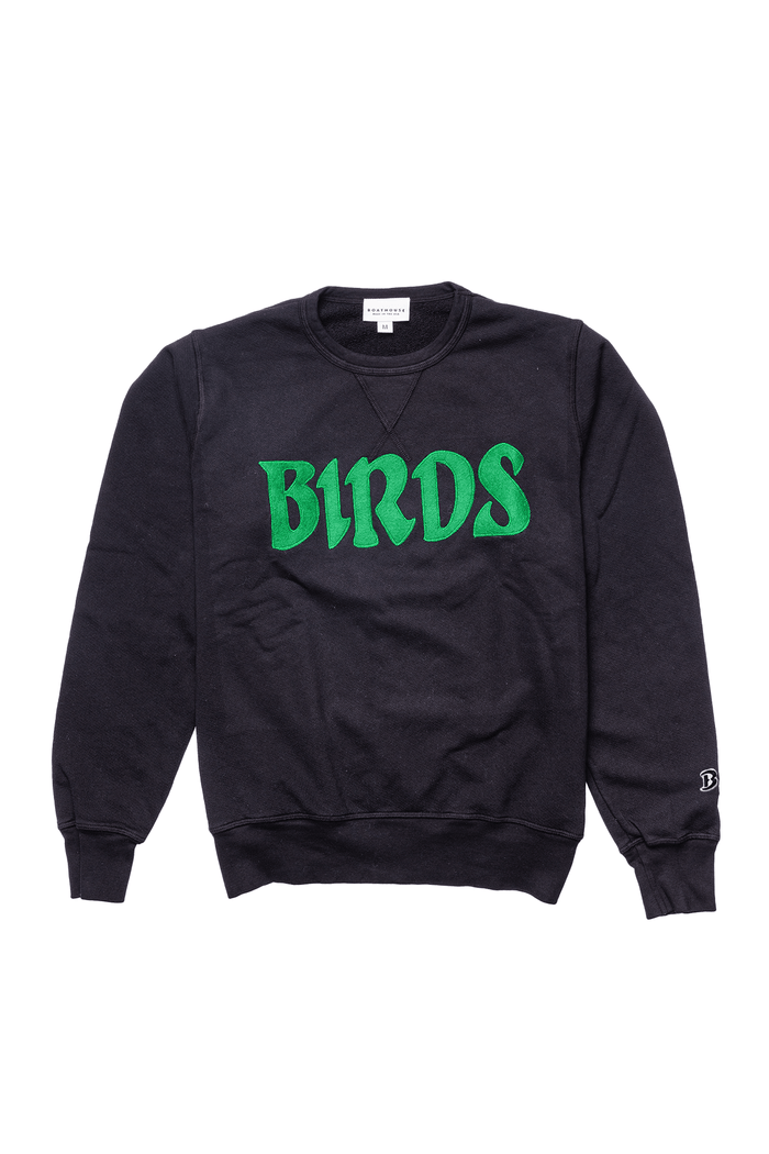 Birds Felt Crewneck: black Birds felt sweatshirt, front view.