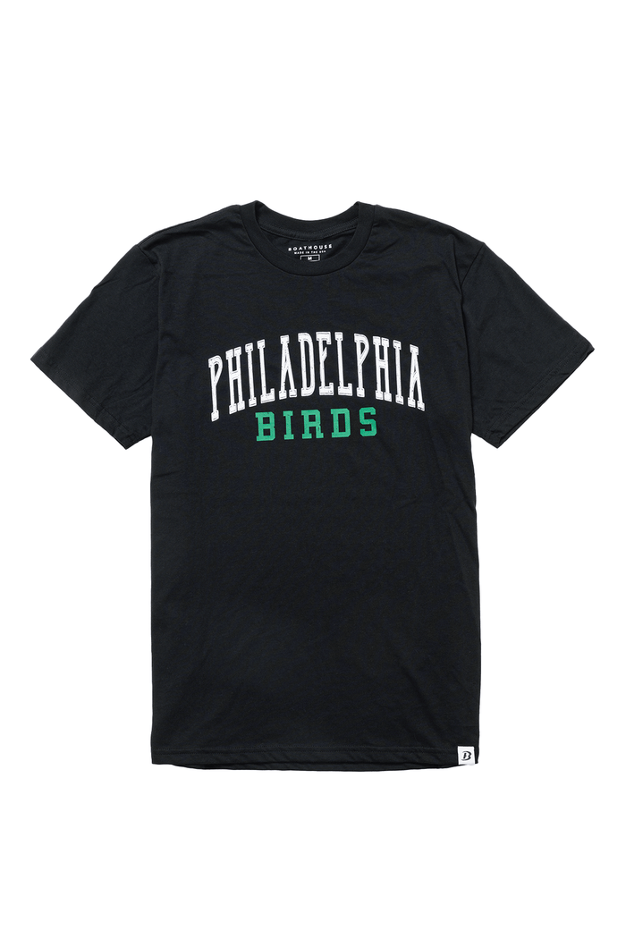 Birds Football Cotton Graphic T-Shirt: black football graphic T-shirt, front view.