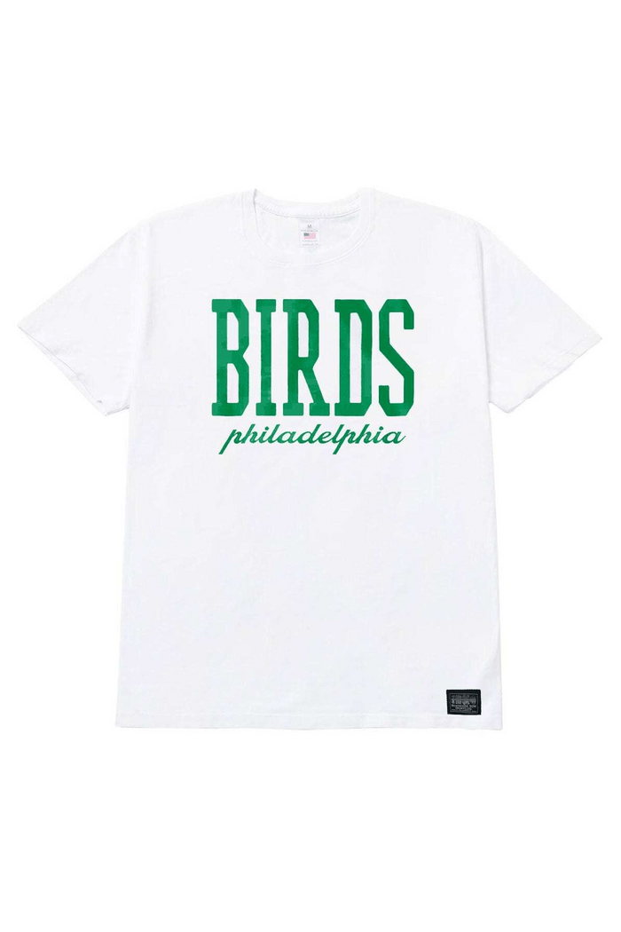 Birds Ring-Spun Cotton Graphic T-Shirt: white T-shirt with green Birds chest graphic.