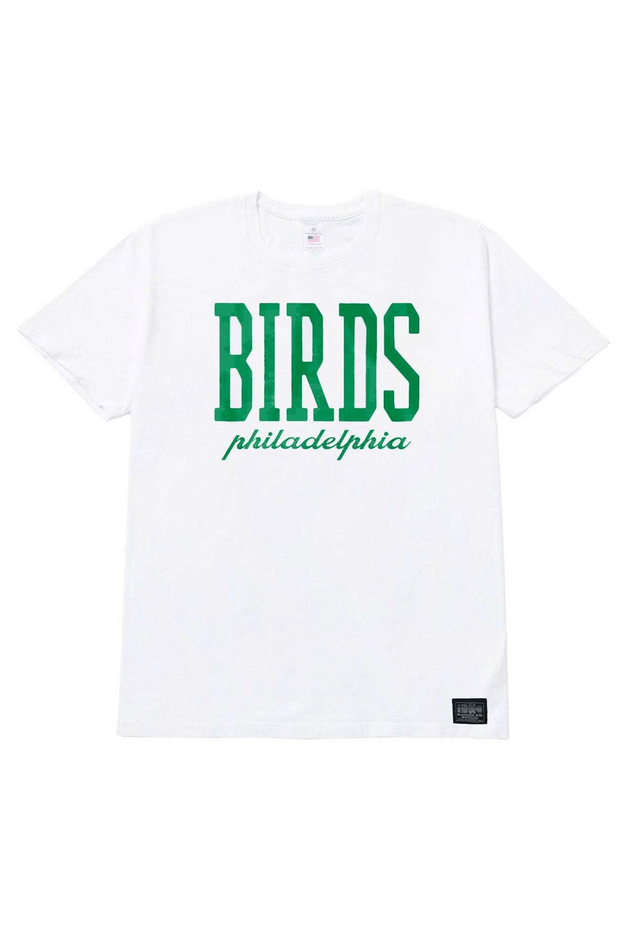 Birds Ring-Spun Cotton Graphic T-Shirt: white T-shirt with green Birds chest graphic.