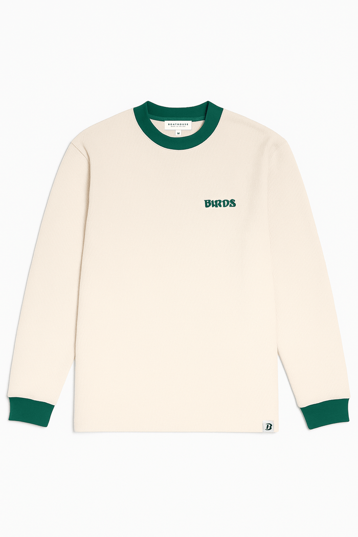Men’s Birds Waffle-Knit Thermal Shirt: cream thermal shirt with green ribbed trim.