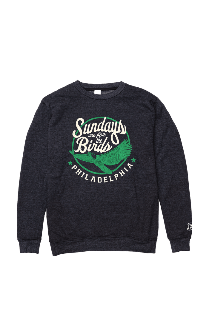 Sundays Are for the Birds Sweatshirt: black graphic crewneck, front view.