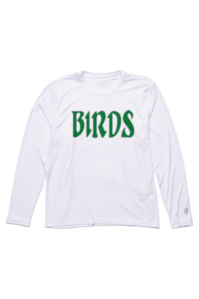 Birds UPF 50+ Long-Sleeve Sun Shirt: white long-sleeve shirt with green Birds lettering.